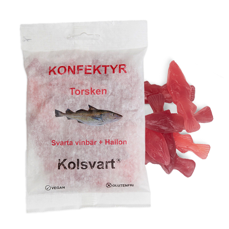 Kolsvart Torsk Vingummifisk med Solbær & Hindbær Tilbud