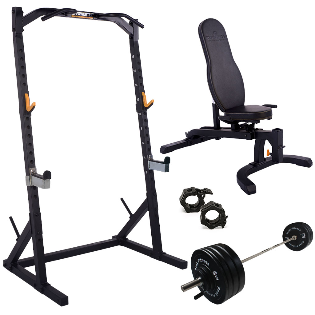Powertec -  Half Rack  træningssæt m. 125 kg. Bumper Plates - Black