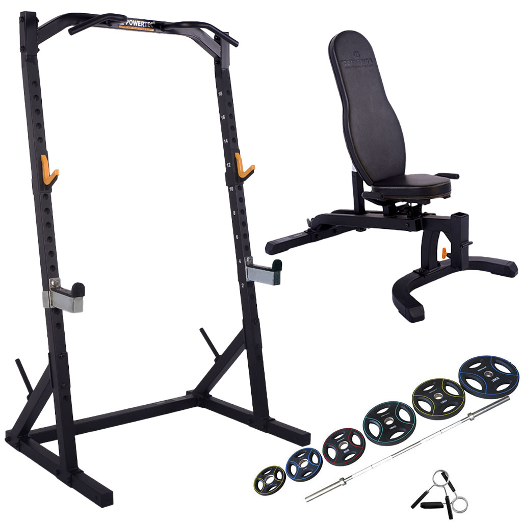 Powertec -  Half Rack  træningssæt m. 95 kg. 50 mm PU vægtsæt - Black