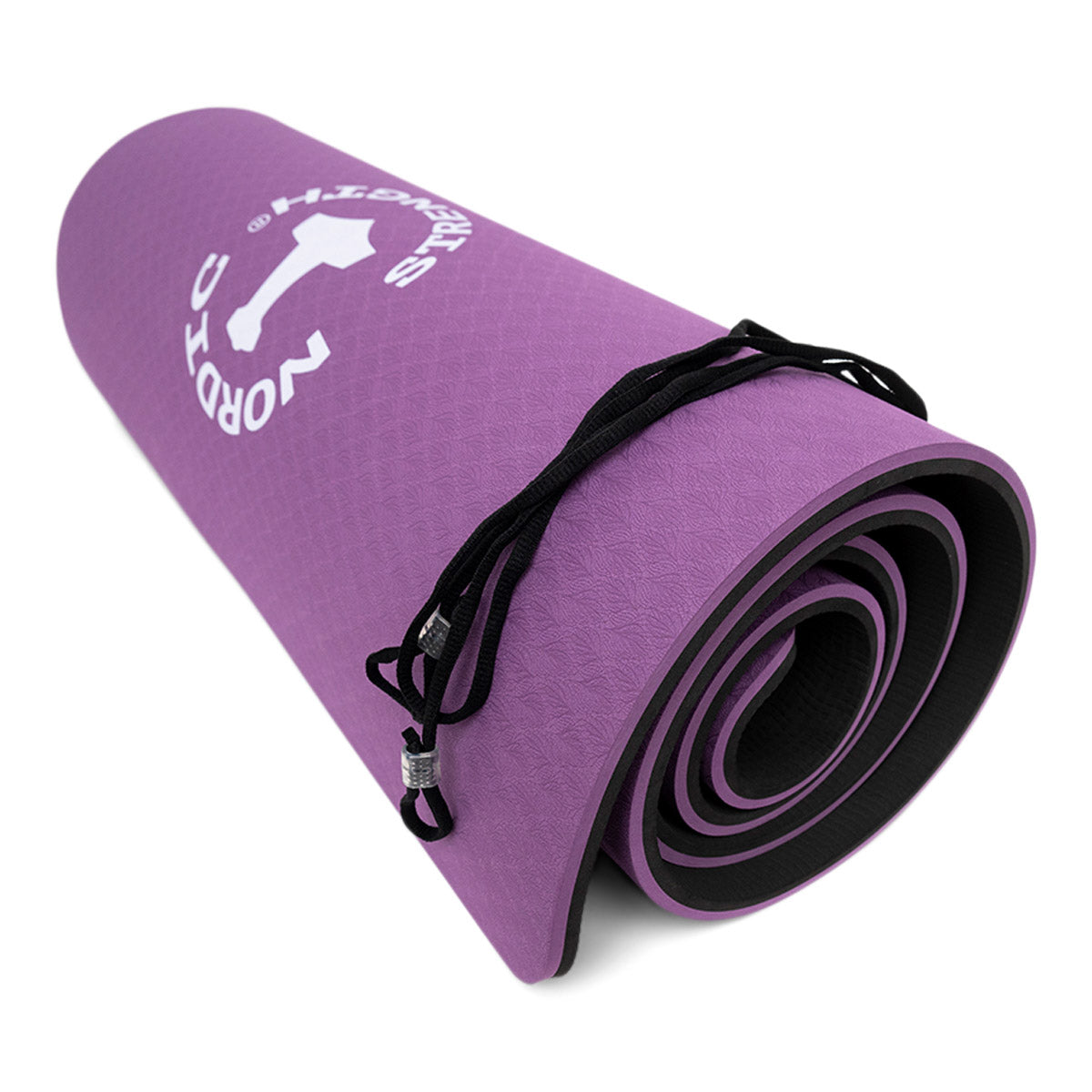 TPE Yogamåtte 10mm - Sort/lilla med bærestrop på tilbud!