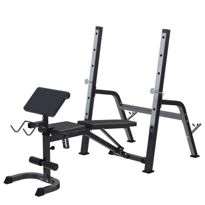 All-in-one træningsbænk med curl pult og squat rack